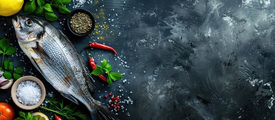 Poster - Top view of raw seabass fish with spices set amidst Kerala s fresh seafood ingredients ideal for cooking in a copy space image