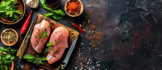Aufkleber - Top down view of raw chicken breast fillets on a wooden cutting board with herbs spices knife and ample copy space image