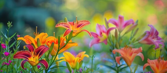 Poster - Tiger lilies and day lilies bloom in the flowerbed adding vibrant colors to the summer garden creating an enchanting scene with their beautiful flowers in a copy space image