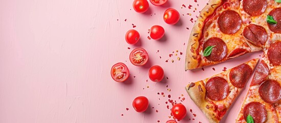Aufkleber - Pepperoni pizza slices and cherry tomato on a pink backdrop with copy space image