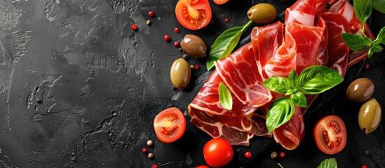 Aufkleber - Jamon with cherry tomatoes basil and olives on a black background in a top view image with selective focus and copy space available