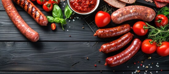 Poster - Varieties of tasty sausages sauce and tomatoes arranged on a black wooden table in a flat lay composition leaving room for text in the copy space image