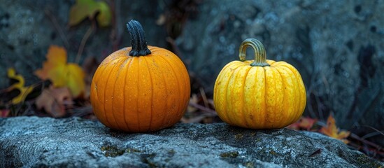 Fototapete - A pumpkin duo one orange one yellow set against a stone backdrop in a spooky Halloween themed copy space image