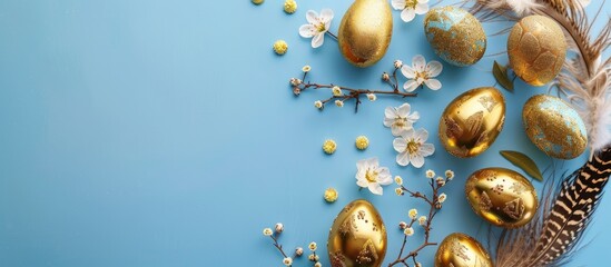 Aufkleber - Easter greeting card with golden eggs feathers flowers on blue Happy Easter card idea with copy space image top down view