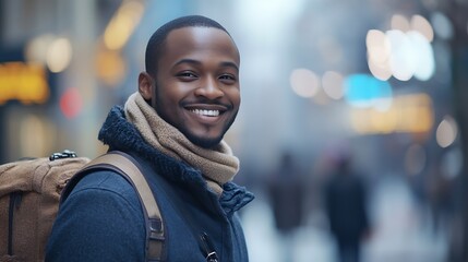 Aufkleber - Business happy and walking black man on city journey commute trip and realtor smile on way to office building Happiness career expert and African real estate agent on morning travel in : Generative AI