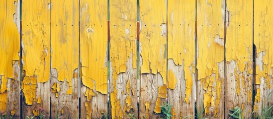 Wall Mural - Vintage brown wooden fence with a cracked wall background featuring a yellow painted wood texture close up and ample copy space image