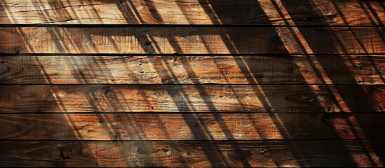 Poster - Top view of an old style wooden background with a blank white list featuring window blinds shadows Ideal for a copy space image