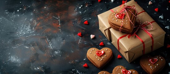 Aufkleber - Heart shaped cookies presented in gift boxes on a dark backdrop with copy space image