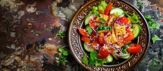Aufkleber - Plate of vegetable salad with cheese pepper zucchini tomatoes onions lettuce and lavash bits topped with sesame seeds against an ornamental backdrop in a copy space image