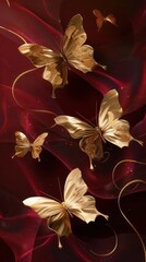 Wall Mural - Minimalist 3D Abstract Design with Delicate Golden Butterflies Against a Burgundy and Vintage Crimson Red Backdrop