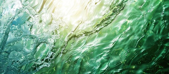 Leinwandbilder - Summer themed banner with a transparent green water surface texture showing ripples and splashes sunlit water wave top view with copy space image for skincare products