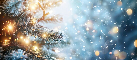Poster - Winter themed background with glittering lights and a close up of a Christmas tree perfect for the holidays Includes copy space image