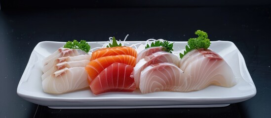 Aufkleber - Slices of Ama ebi Hamaji and Hotate Sashimi displayed on a white plate against a black backdrop with room for text or images. Creative banner. Copyspace image