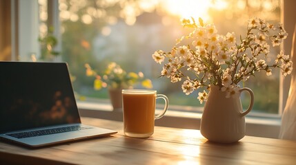 Poster - Home work place with laptop cup of hot drink and blooming brunch in vase on coffee table near window on sunset or sunrise Freelance working from home online learning home office Slow l : Generative AI