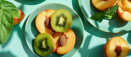 Poster - Kiwis and peaches sliced on plates against a mint backdrop with copy space image