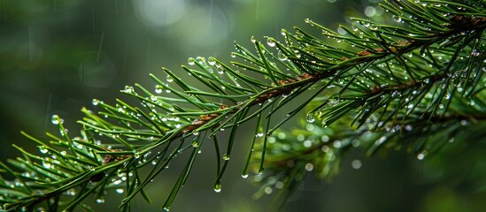 Aufkleber - A pine branch adorned with dew droplets offering a blank area for additional content in the image