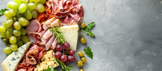 Poster - Top view of a varied antipasto platter on a gray background with cold meats cheeses and grapes Ample copy space image available