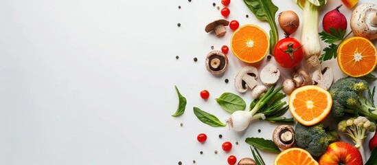 Poster - A variety of fresh fruits and vegetables along with mushrooms are beautifully displayed on a white backdrop in this copy space image