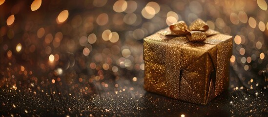 Poster - Golden gift box with a Merry Christmas and Happy New Year theme perfect for background textures with space for placing images. Creative banner. Copyspace image