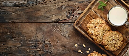 Poster - Oatmeal cookies and milk on a rustic wooden table tray with a copy space image