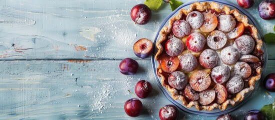 Poster - Plums in a homemade pie sprinkled with sugar powder on a white and blue wooden table featuring baked and raw plums with copy space image