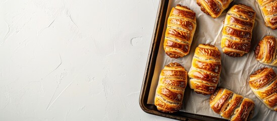 Poster - Sausage rolls arranged on a baking tray on a white table background in a top view photo with space for text or design known as a copy space image