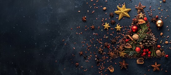 Sticker - Flax seed and dried fruit Christmas tree and comet displayed on a black backdrop with copy space image