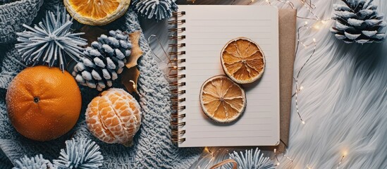 Aufkleber - Winter themed decorations including cones branches dried orange slices and a notebook mockup enhance the festive ambiance in this copy space image