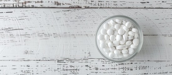 Aufkleber - Glass dish with sugar coated pills placed on a white wooden surface creating a visually appealing copy space image