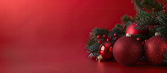 Poster - Festive Christmas ornaments against a red backdrop with space for your own text in the picture. Creative banner. Copyspace image