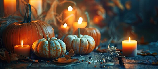 Poster - A Halloween themed decor composition featuring orange pumpkins and scented candles suitable as a copy space image