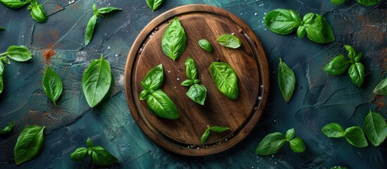 Aufkleber - Top view of a round wooden cutting board with a spoon surrounded by basil leaves creating a healthy food concept in the copy space image