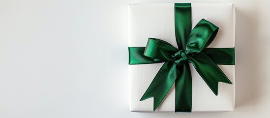 Fototapete - Top view of a white gift box with a green ribbon bow on a white background suitable for both Christmas and birthday celebrations with space for additional imagery
