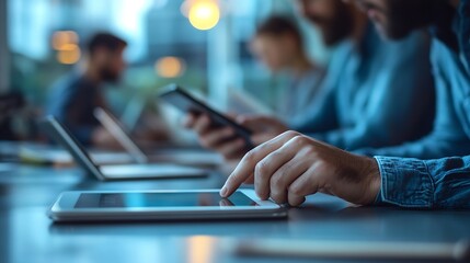 Fototapete - Technical staff working while checking their tablet devices : Generative AI