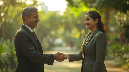 indian businessman greeting and making handshake with a businesswoman outdoors in city walkway : gen