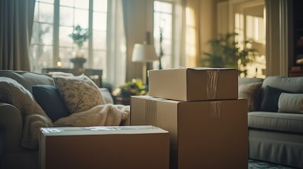 Moving boxes with wrapped furniture in living room : Generative AI