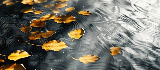 Aufkleber - Shadowy paths guide across the gray water surface adorned with golden bodhi leaves in a tranquil setting with copy space image