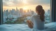 © The Little Hut - Hotel relaxation on lazy day with Asian woman waking up from good sleep on bed in weekend morning resting in comfort bedroom looking toward city view having happy worklife quality bala : Generative AI