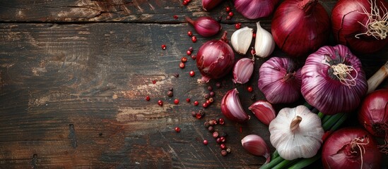 Poster - Red onions and garlic displayed on a wooden surface with copy space image