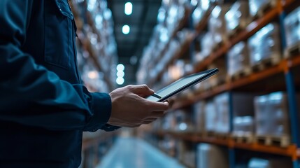 Poster - Panoramic close up hand of smart engineer man warehouse management systemWorker hands holding tablet with pen on blurred warehouse as background logistic Import export concept : Generative AI