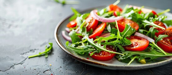Aufkleber - Fresh arugula tomato and onion salad served on a plate as a meal or snack on a table with a background ideal for copy space image