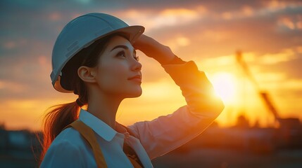Aufkleber - a woman engineer is putting a protective helmet on her head at sunset : Generative AI