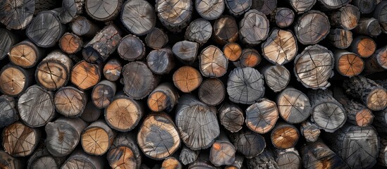 Aufkleber - Background of long timber stack in a woodpile for a charcoal factory with copy space image