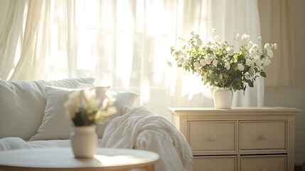 Aufkleber - Light living room with white sofa coffee table chest of drawers and curtains : Generative AI
