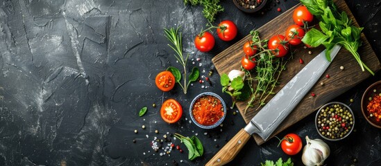 Poster - Top view of a rustic cutting board with fresh vegetables herbs and spices along with a chef knife on a black table surface Background for modern restaurant cuisine with a copy space image available