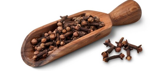 Poster - Top view of a wooden scoop filled with dried cloves isolated on a white background with clipping path for a copy space image