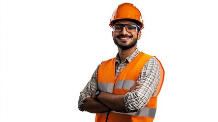 Sticker - Construction worker engineer and studio portrait of happy man in vest and helmet for safety on white background Smile contractor or architect in planning or renovation project manager  : Generative AI