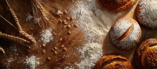 Poster - Top view of a selection of assorted bakery items including three circular loaves made from wheat and rye flour with room for text or images. Creative banner. Copyspace image