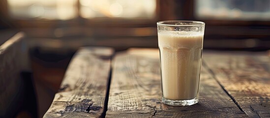 Poster - A wooden table with a glass of milk by Berger creating a cozy scene with a rustic touch and a copy space image