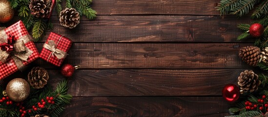 Poster - Wooden table with Christmas present decorations creates a festive vibe in the copy space image